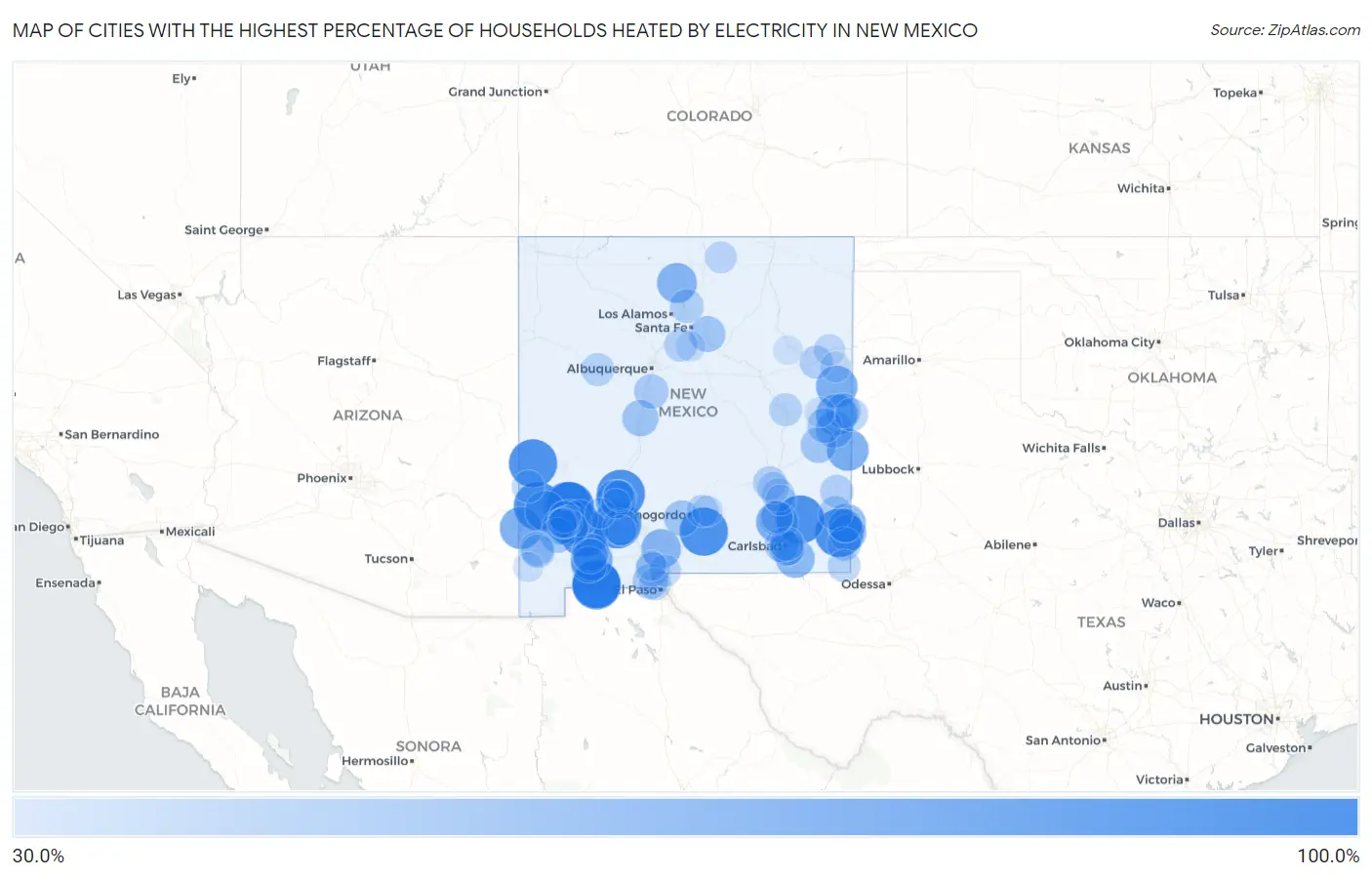 Cities with the Highest Percentage of Households Heated by Electricity in New Mexico Map