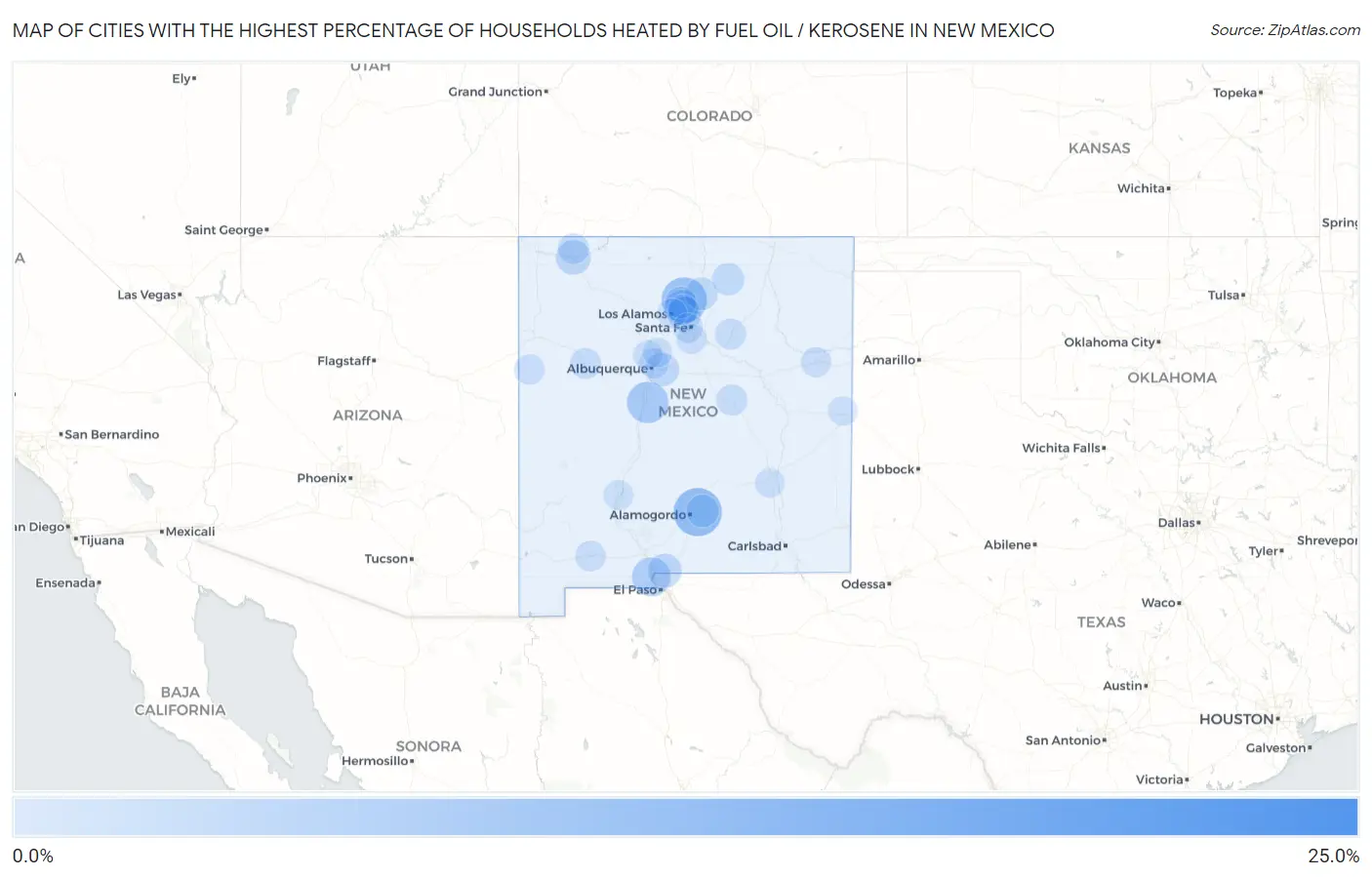 Cities with the Highest Percentage of Households Heated by Fuel Oil / Kerosene in New Mexico Map