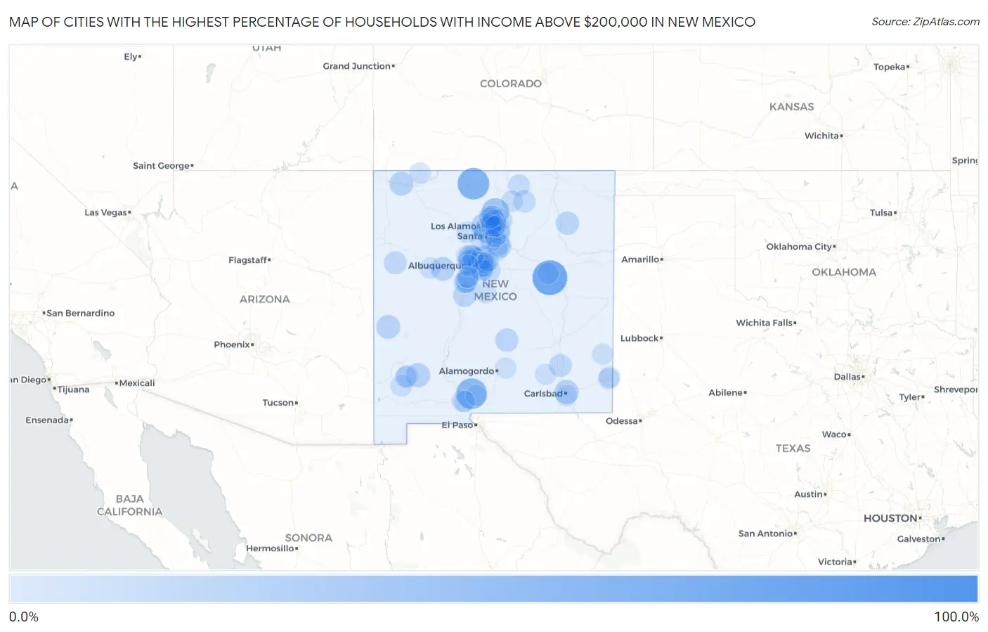 Cities with the Highest Percentage of Households with Income Above $200,000 in New Mexico Map