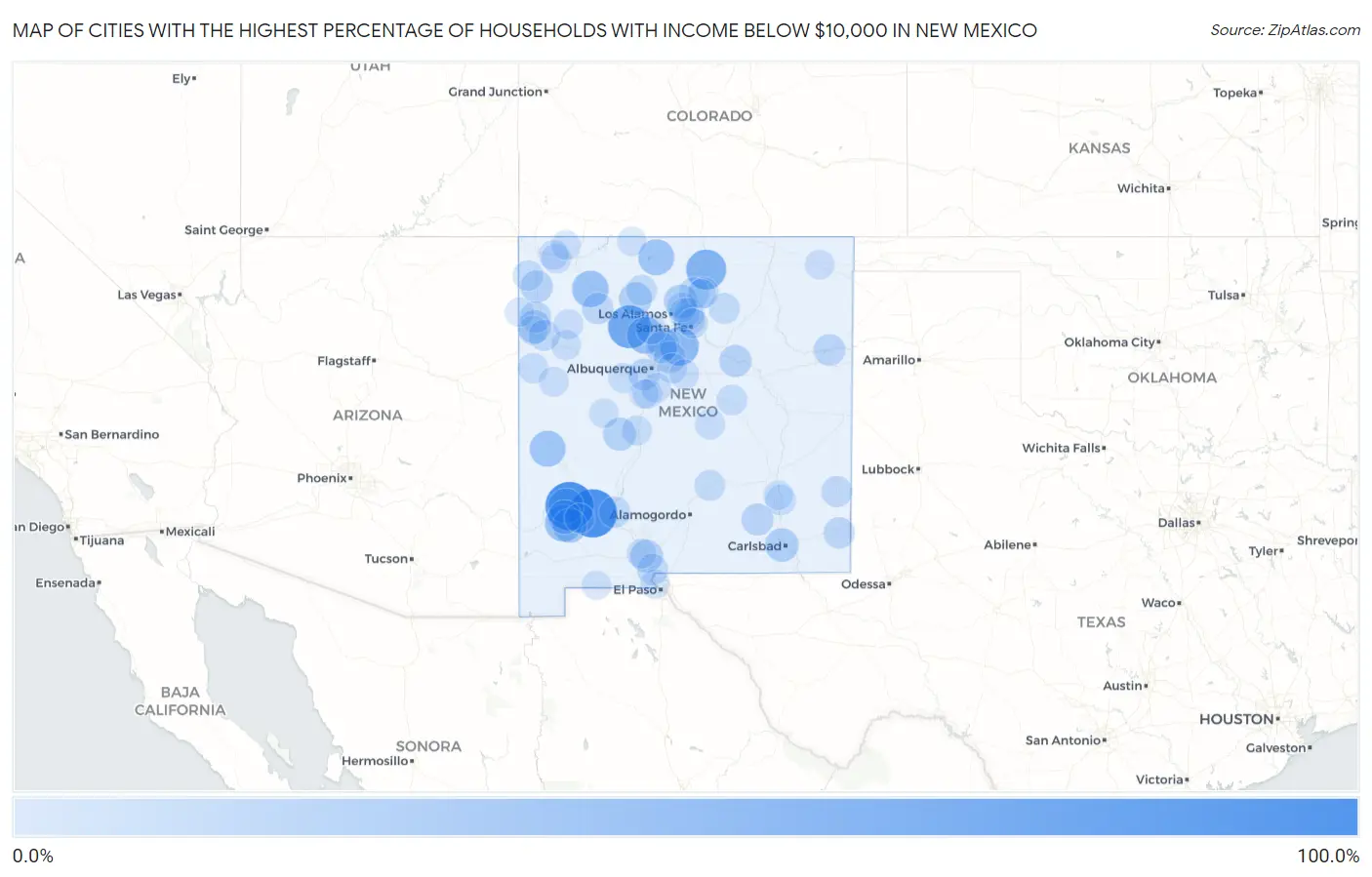 Cities with the Highest Percentage of Households with Income Below $10,000 in New Mexico Map