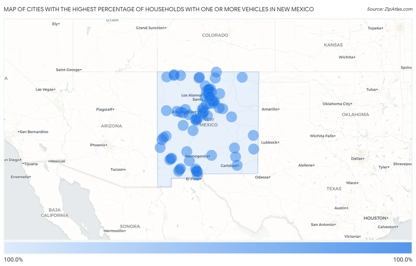 Cities with the Highest Percentage of Households With One or more Vehicles in New Mexico Map
