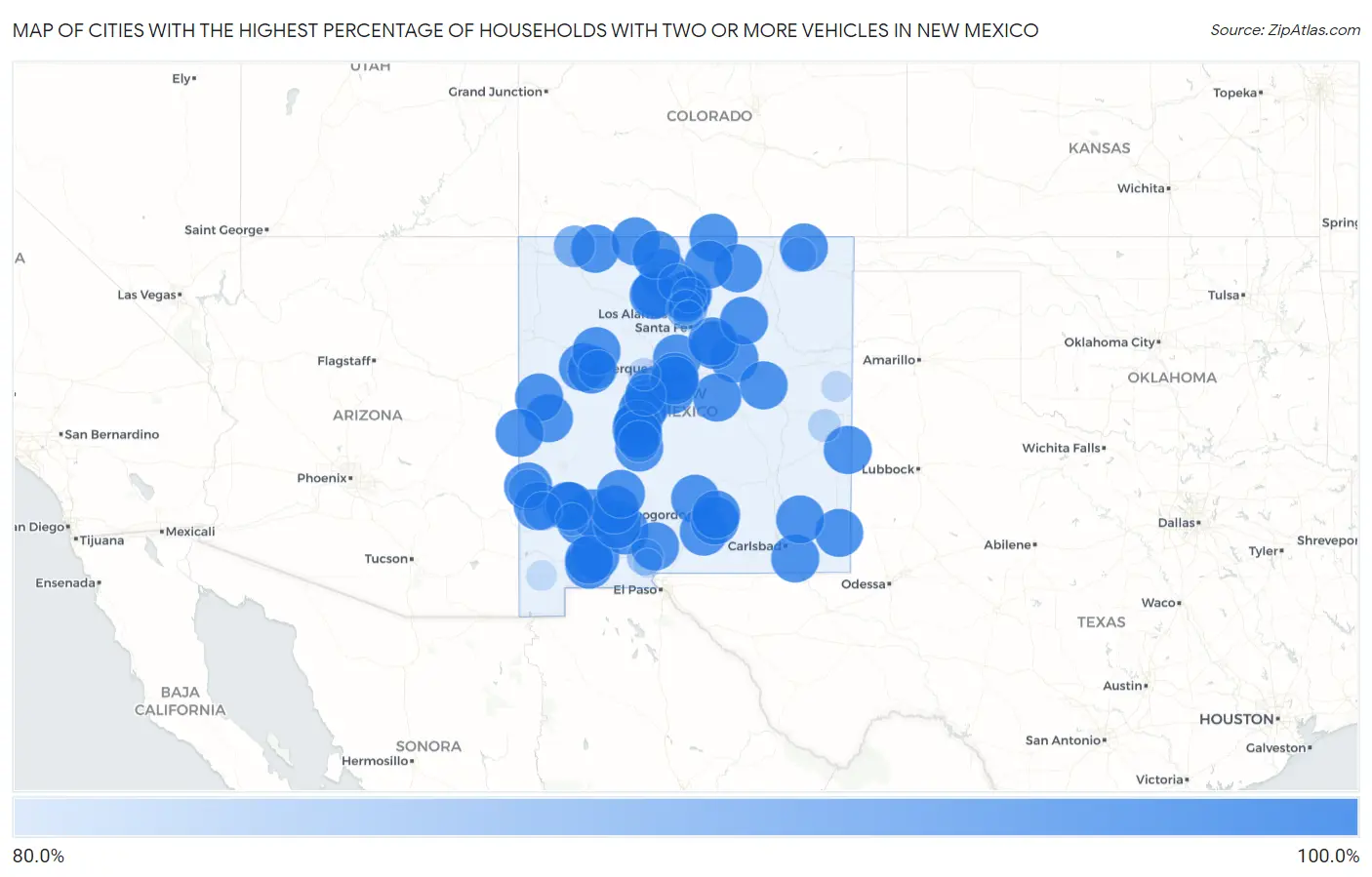 Cities with the Highest Percentage of Households With Two or more Vehicles in New Mexico Map