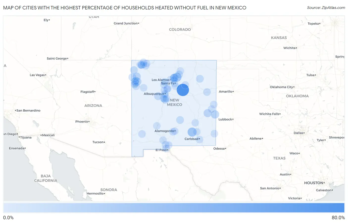 Cities with the Highest Percentage of Households Heated without Fuel in New Mexico Map