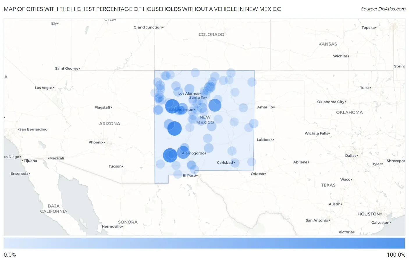 Cities with the Highest Percentage of Households Without a Vehicle in New Mexico Map