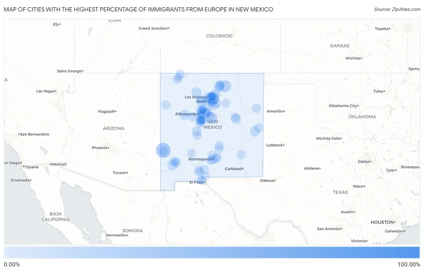Cities with the Highest Percentage of Immigrants from Europe in New Mexico Map
