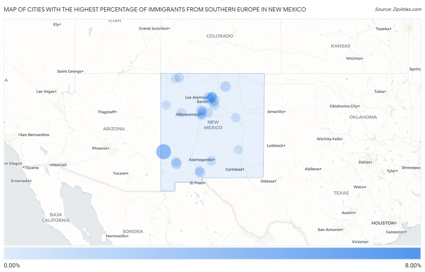 Cities with the Highest Percentage of Immigrants from Southern Europe in New Mexico Map