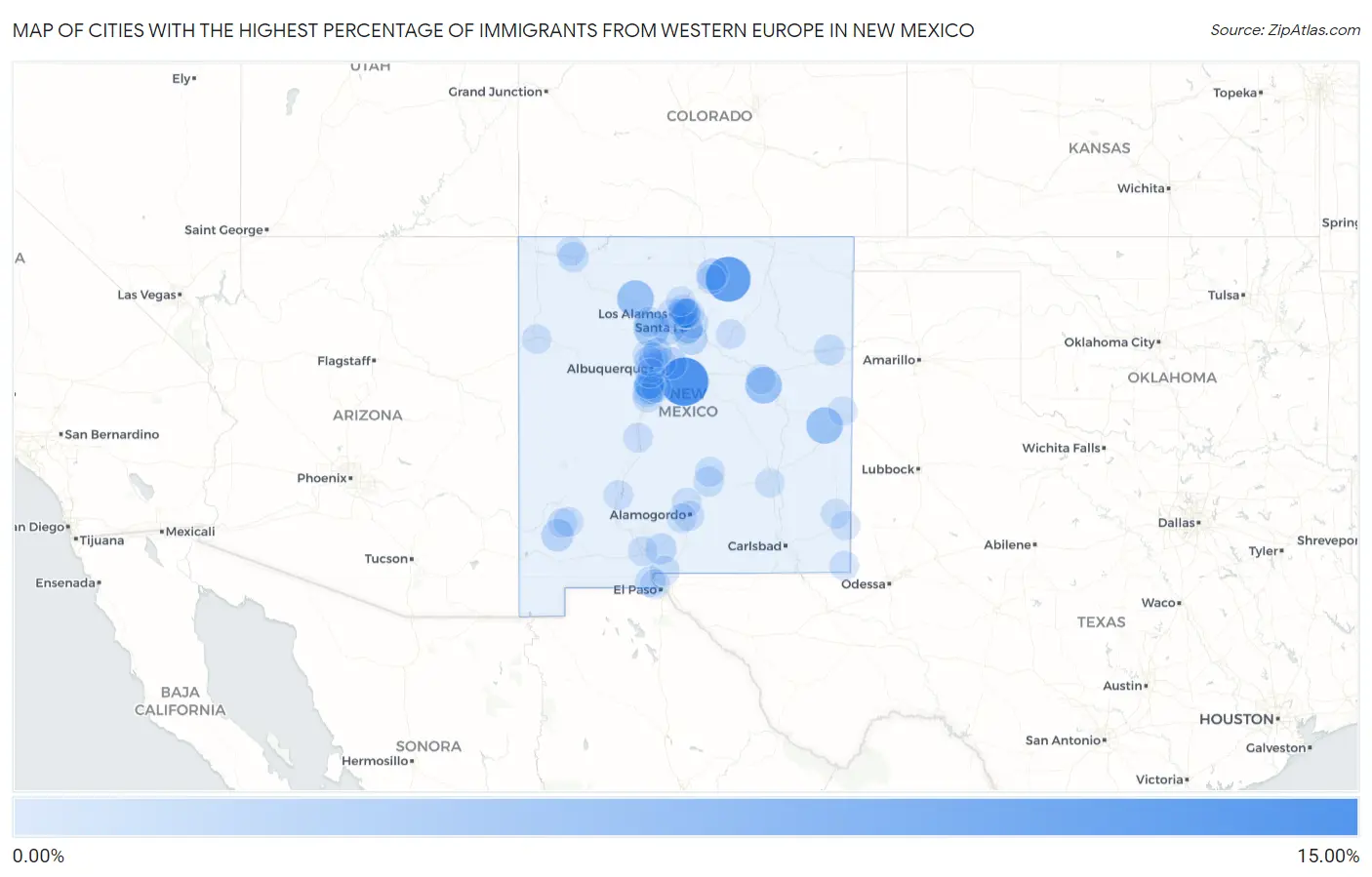 Cities with the Highest Percentage of Immigrants from Western Europe in New Mexico Map