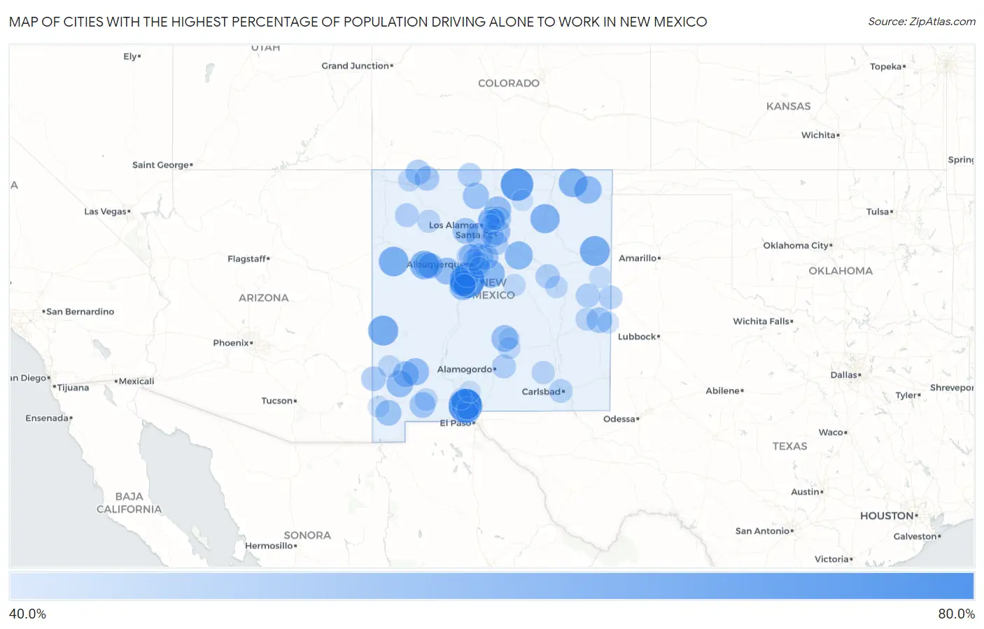 Cities with the Highest Percentage of Population Driving Alone to Work in New Mexico Map