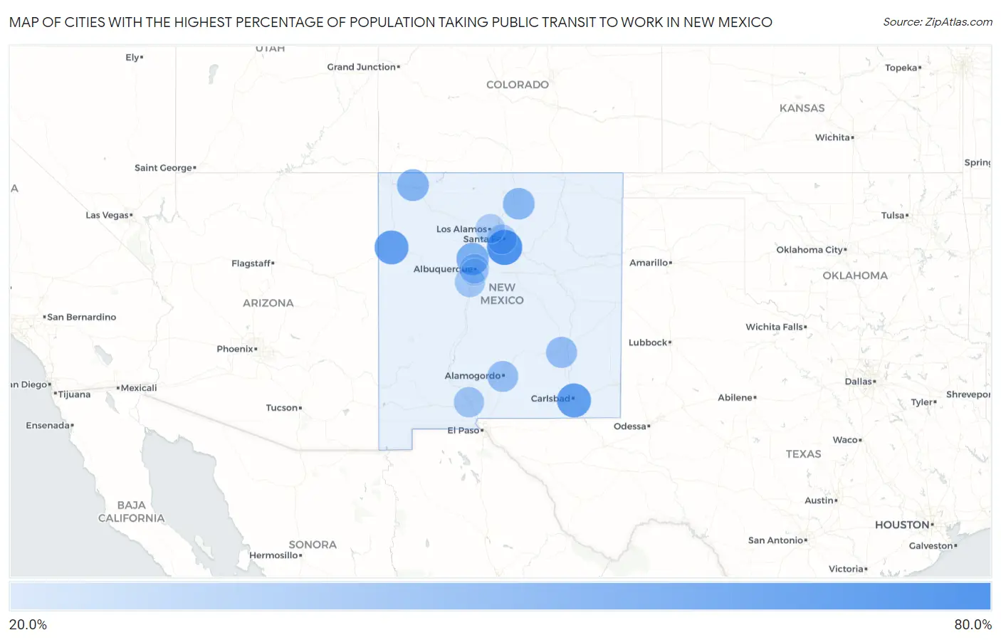 Cities with the Highest Percentage of Population Taking Public Transit to Work in New Mexico Map
