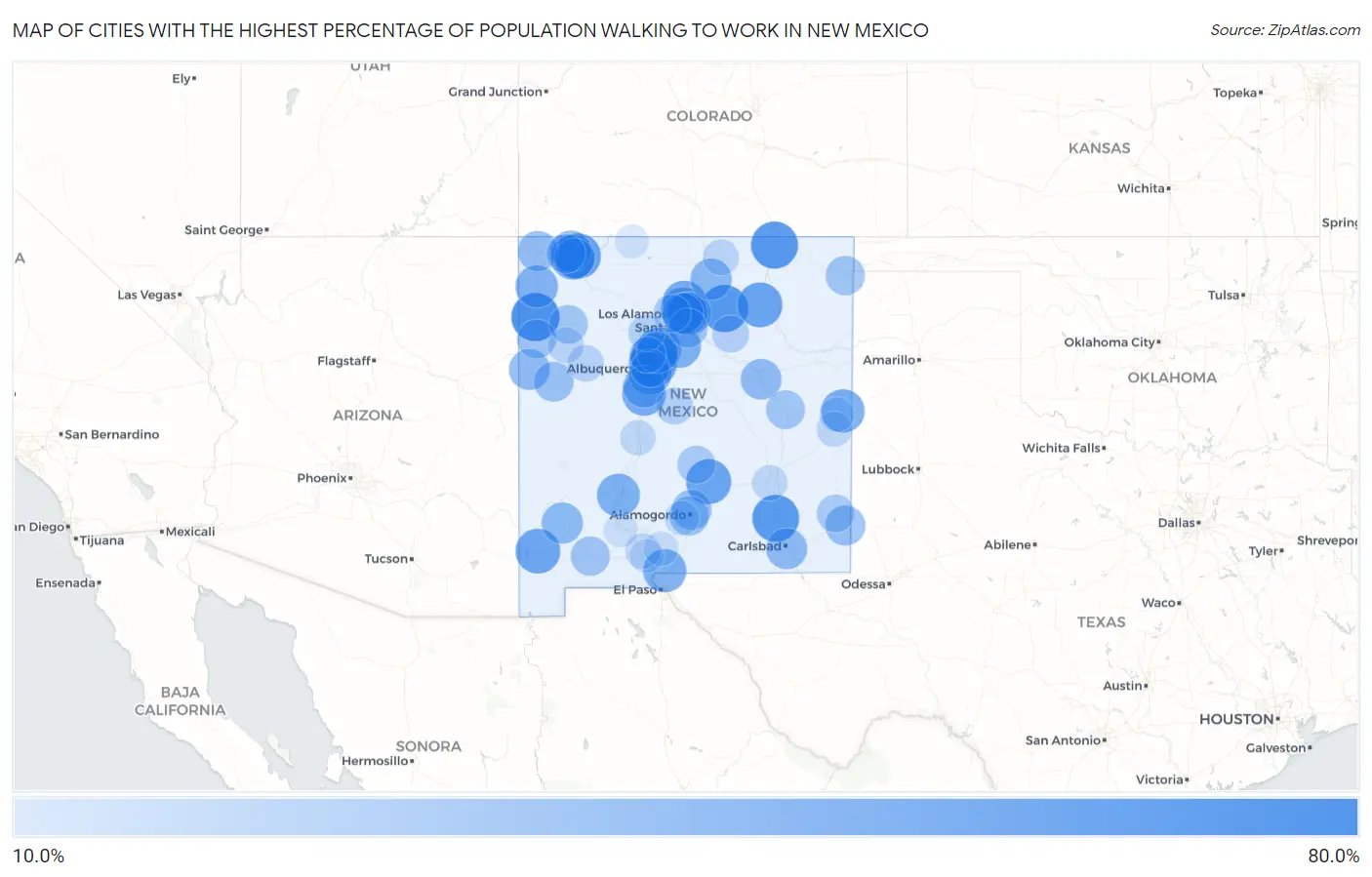 Cities with the Highest Percentage of Population Walking to Work in New Mexico Map