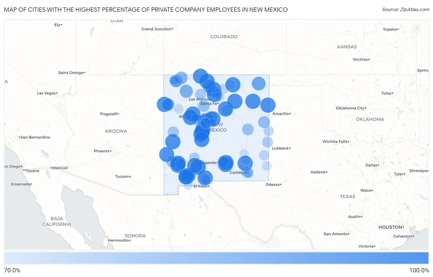Cities with the Highest Percentage of Private Company Employees in New Mexico Map