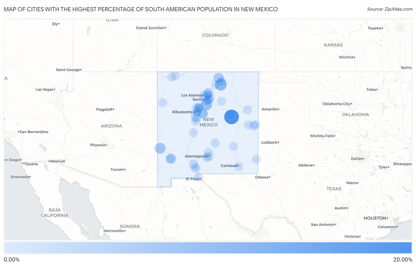 Cities with the Highest Percentage of South American Population in New Mexico Map