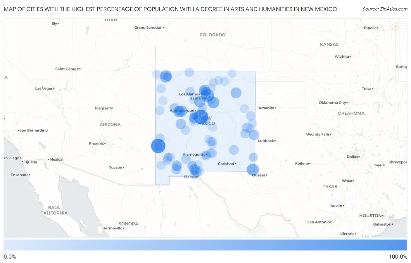 Cities with the Highest Percentage of Population with a Degree in Arts and Humanities in New Mexico Map