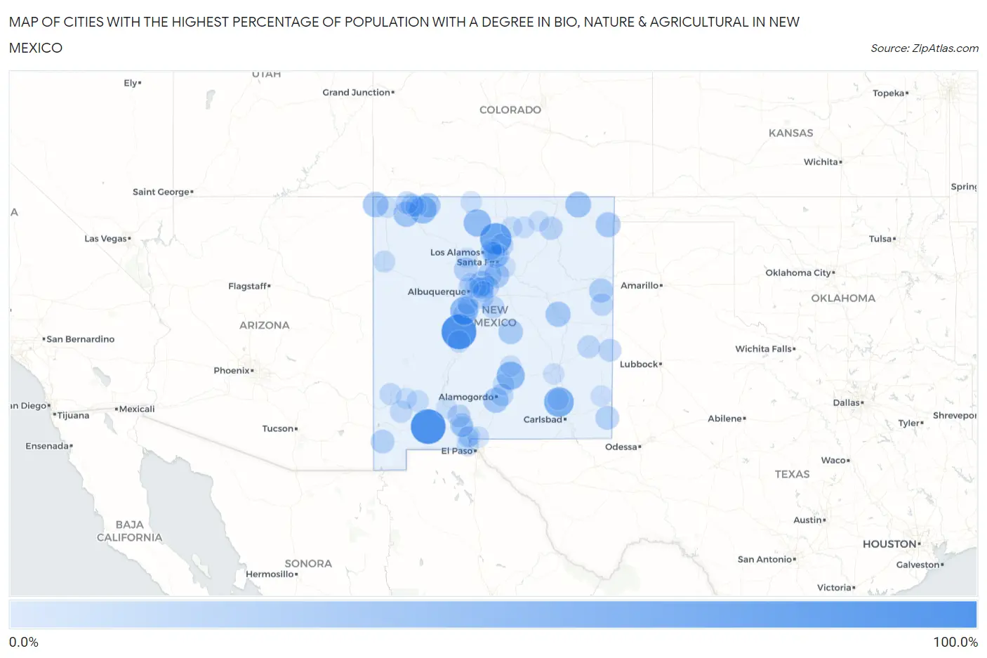 Cities with the Highest Percentage of Population with a Degree in Bio, Nature & Agricultural in New Mexico Map