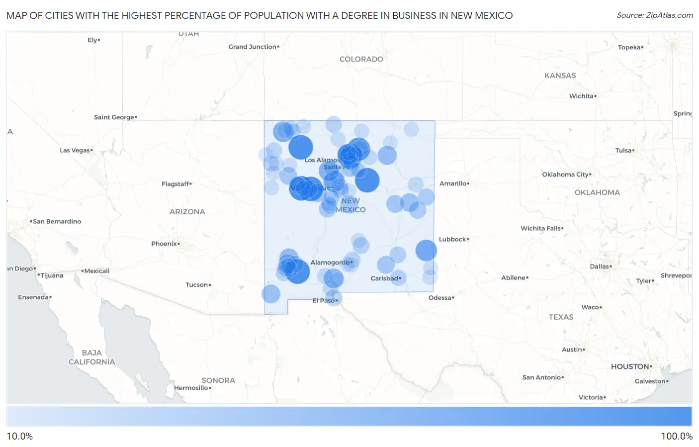 Cities with the Highest Percentage of Population with a Degree in Business in New Mexico Map