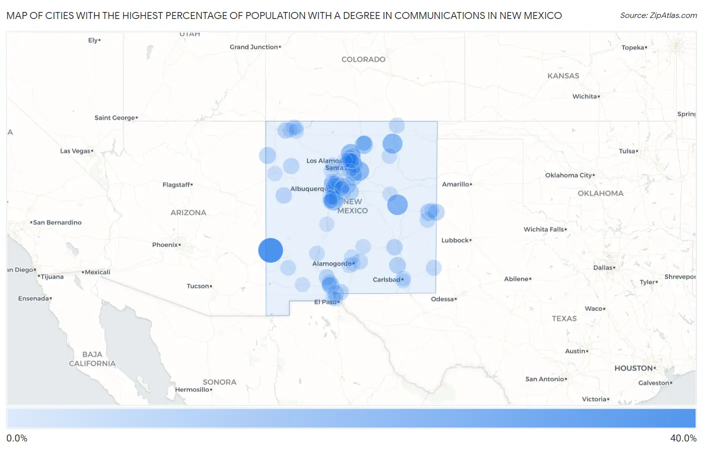 Cities with the Highest Percentage of Population with a Degree in Communications in New Mexico Map