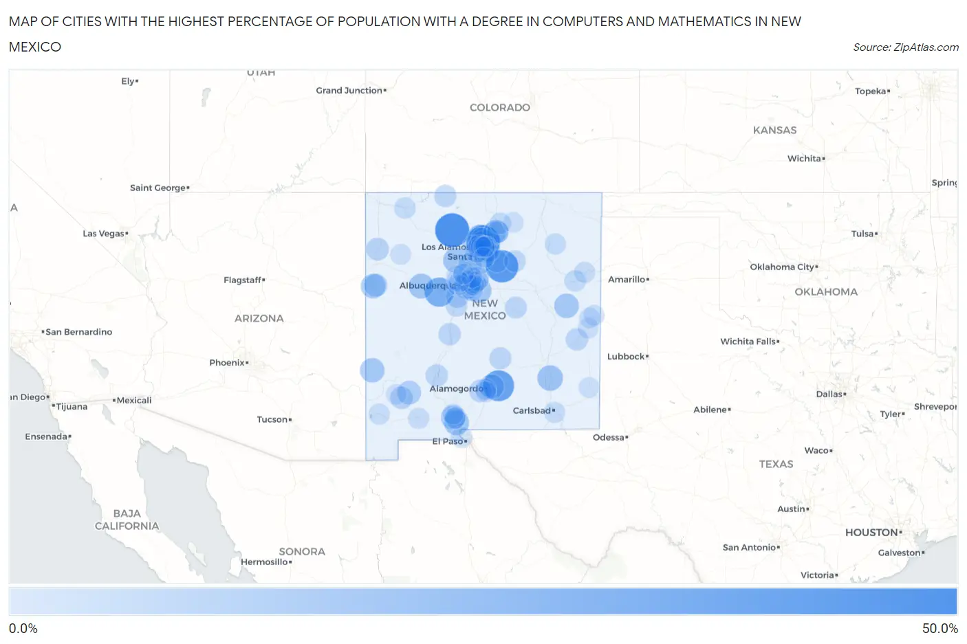 Cities with the Highest Percentage of Population with a Degree in Computers and Mathematics in New Mexico Map