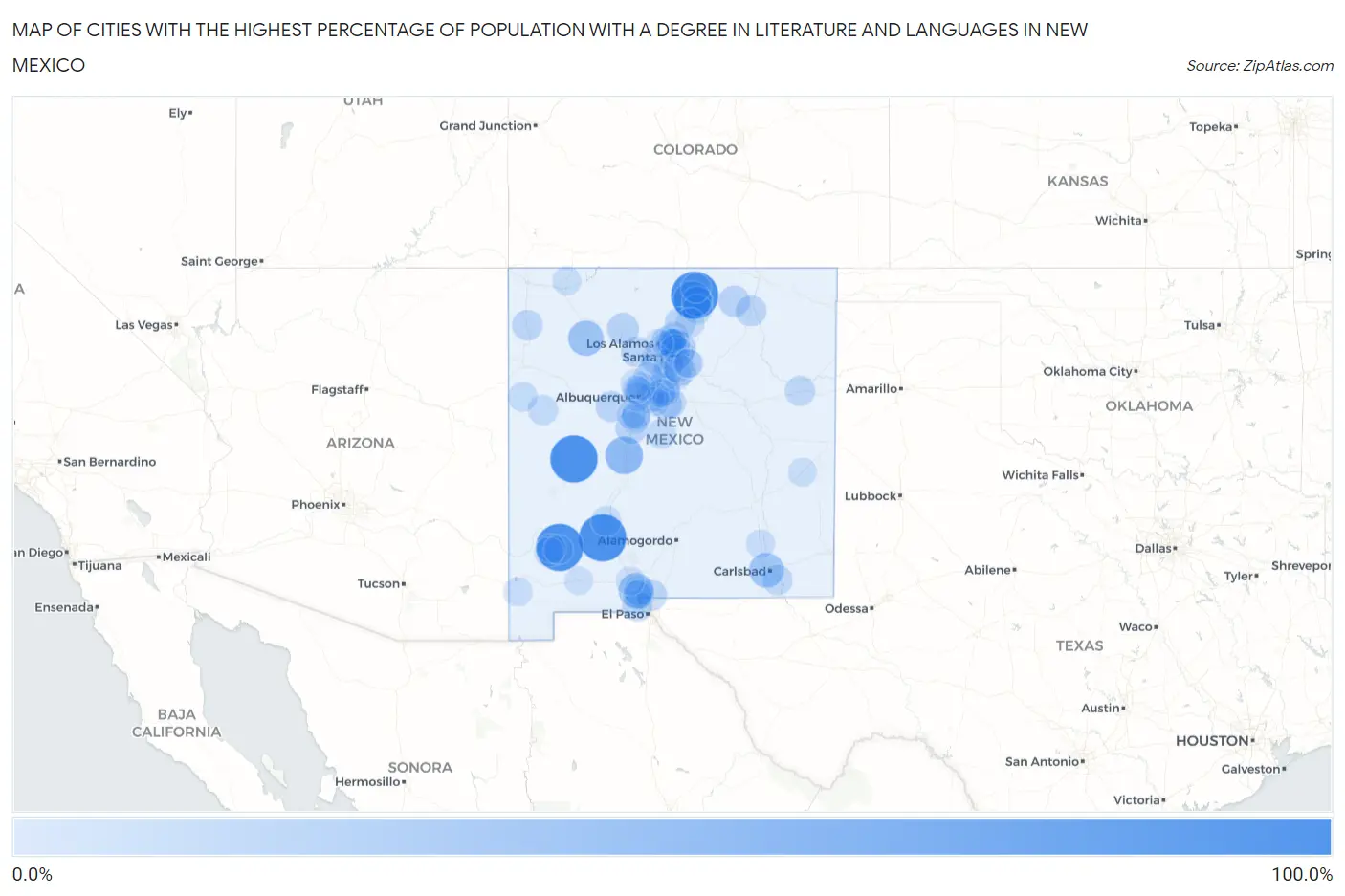 Cities with the Highest Percentage of Population with a Degree in Literature and Languages in New Mexico Map