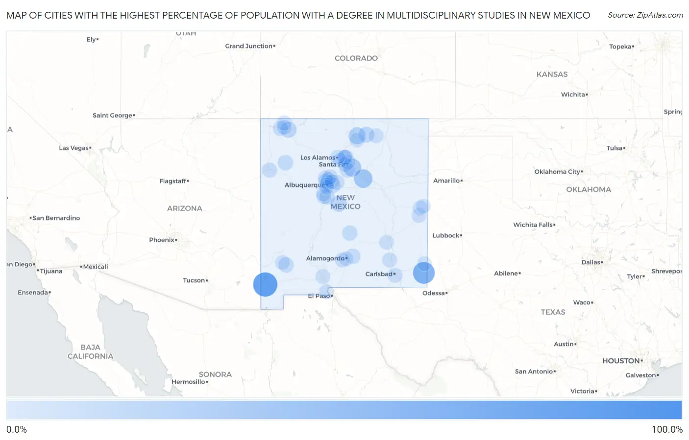 Cities with the Highest Percentage of Population with a Degree in Multidisciplinary Studies in New Mexico Map