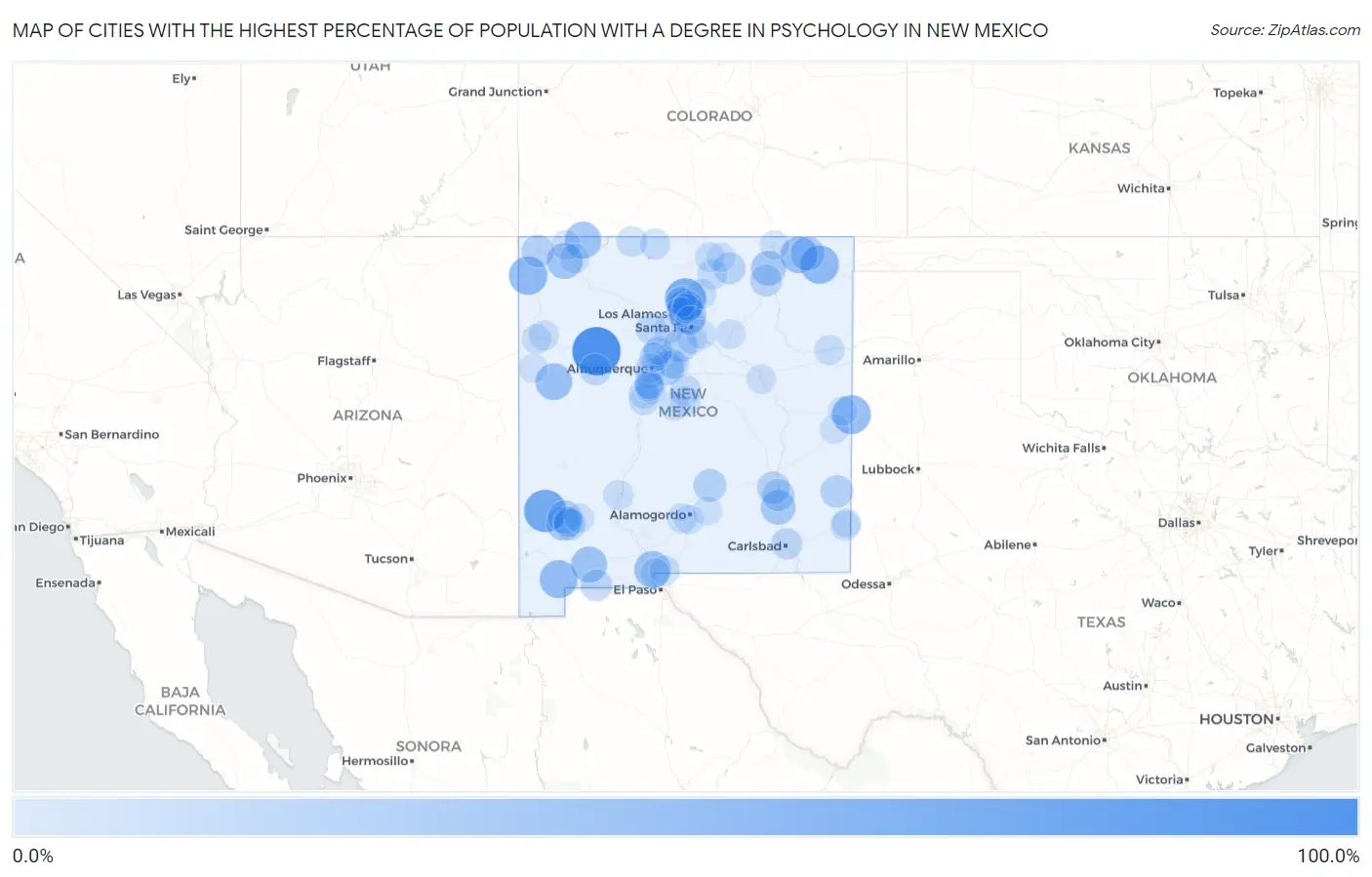 Cities with the Highest Percentage of Population with a Degree in Psychology in New Mexico Map