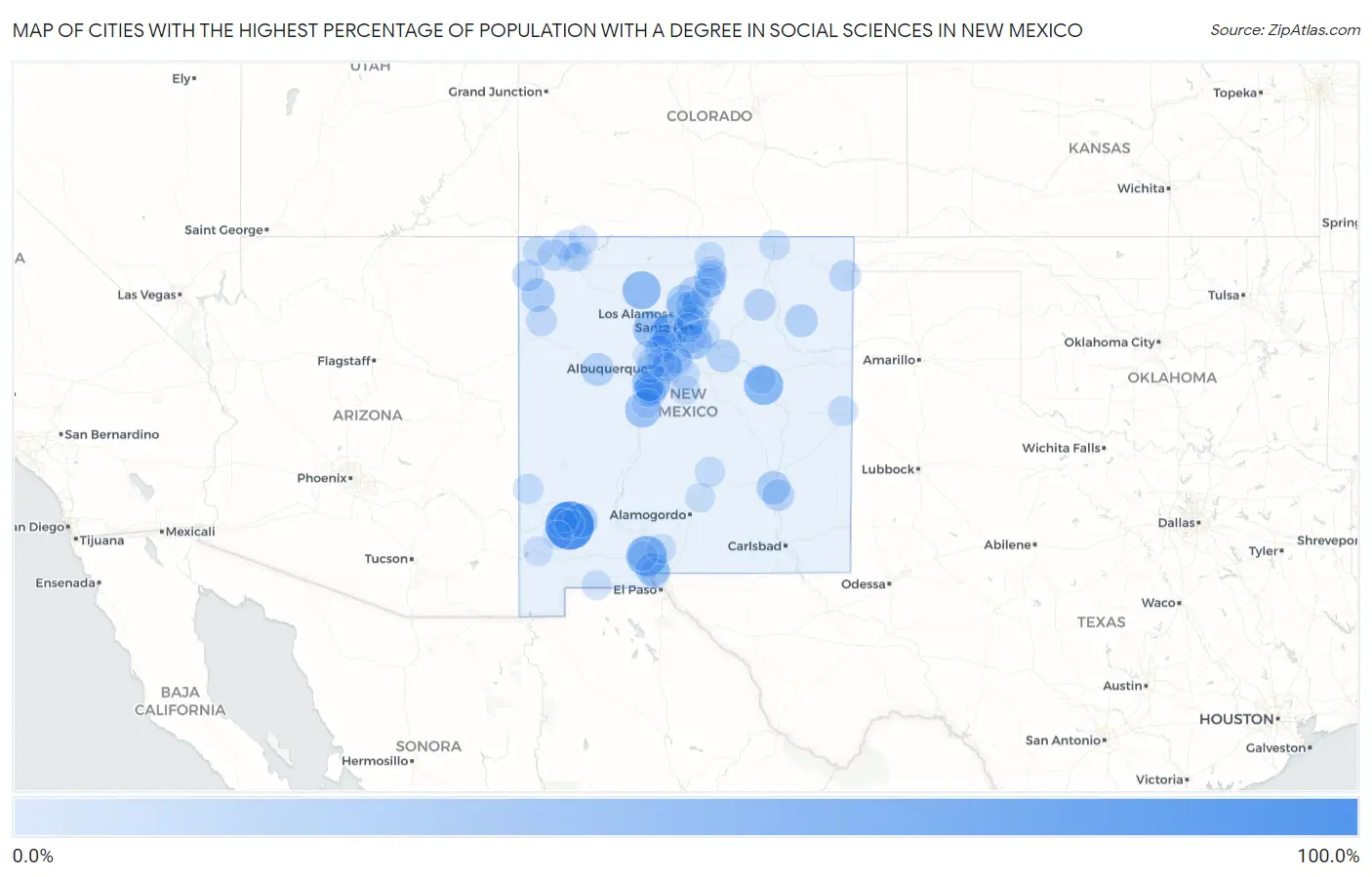 Cities with the Highest Percentage of Population with a Degree in Social Sciences in New Mexico Map