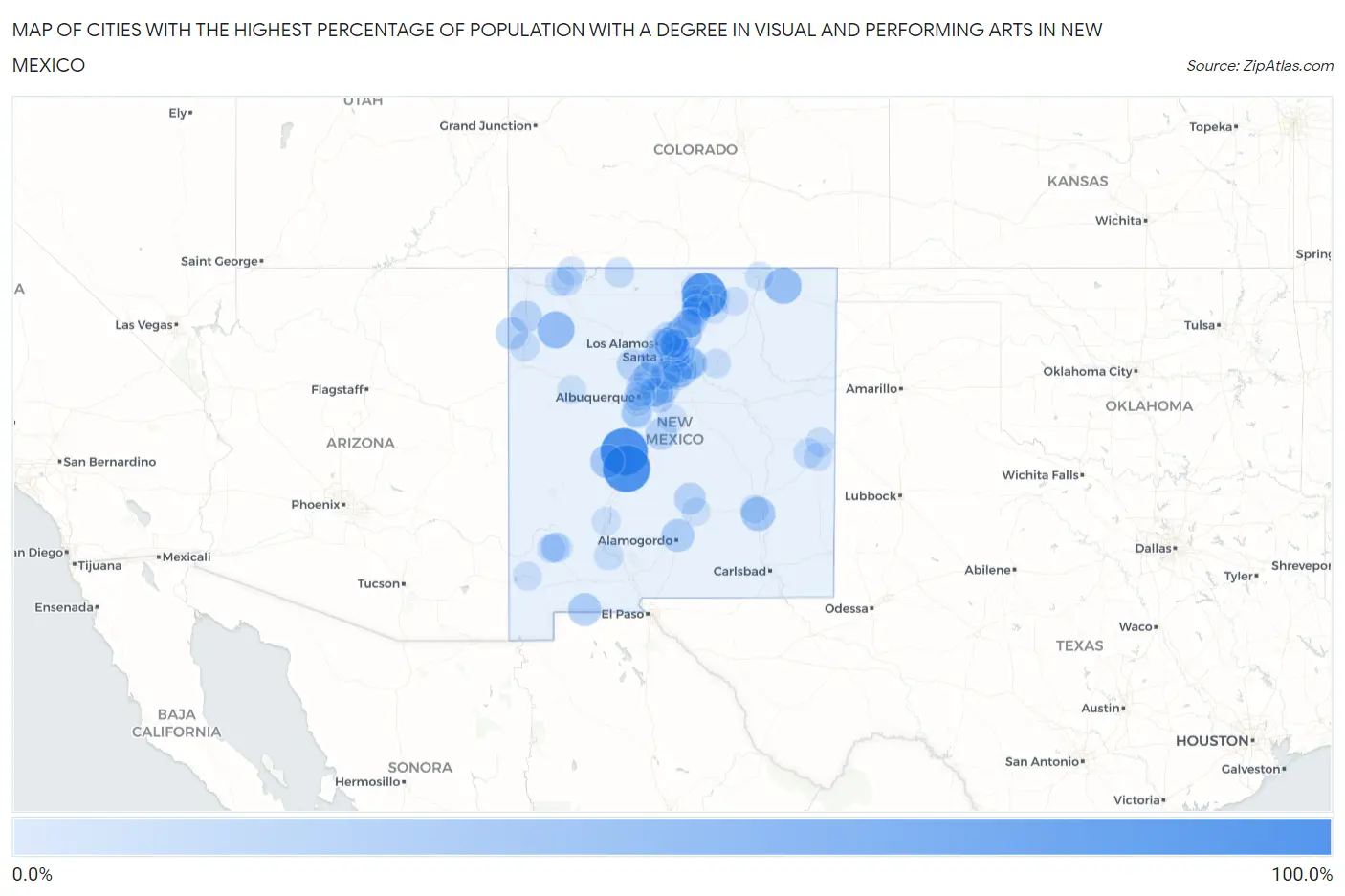 Cities with the Highest Percentage of Population with a Degree in Visual and Performing Arts in New Mexico Map
