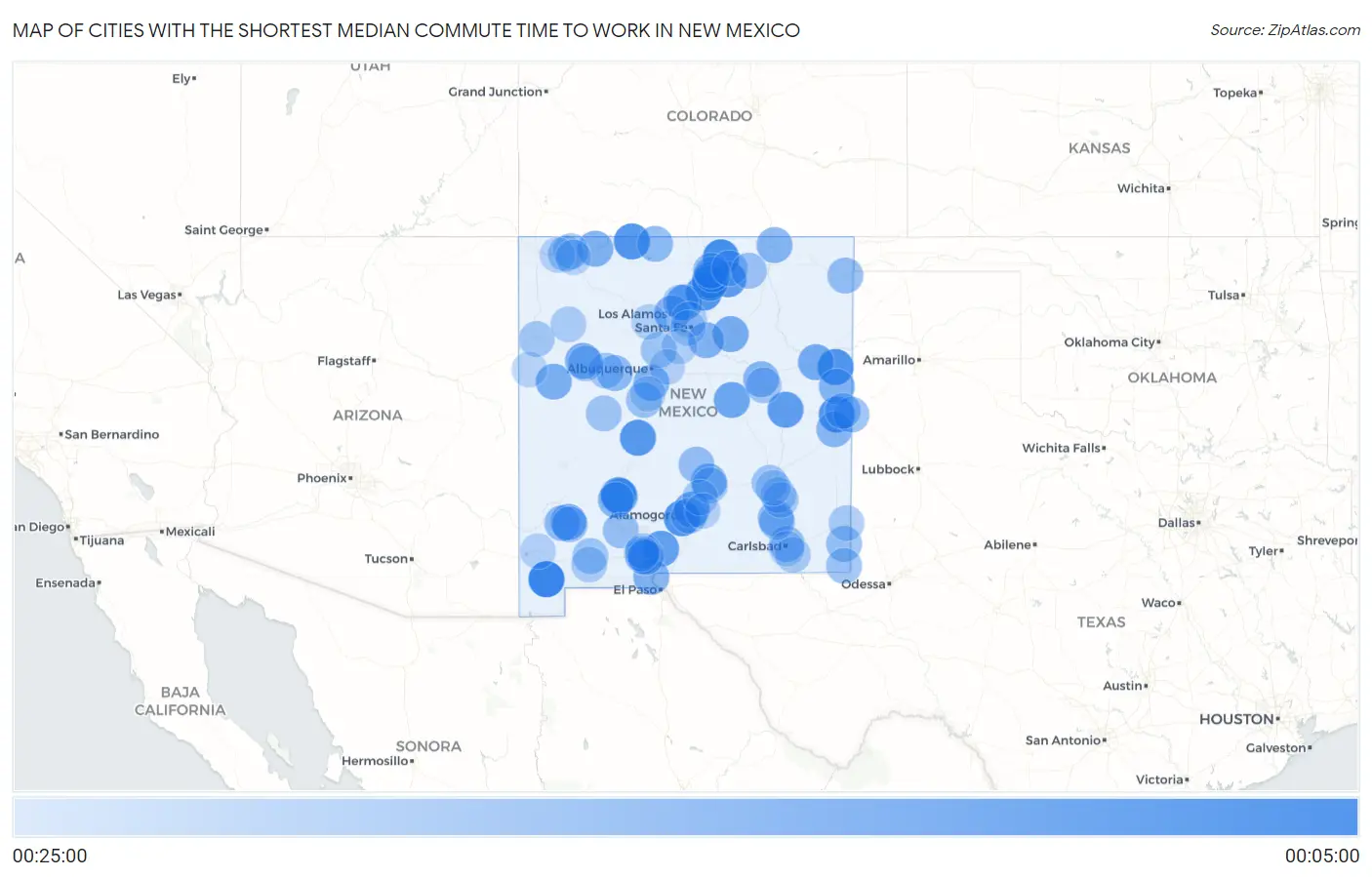 Cities with the Shortest Median Commute Time to Work in New Mexico Map