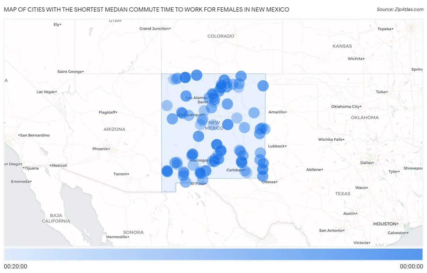 Cities with the Shortest Median Commute Time to Work for Females in New Mexico Map