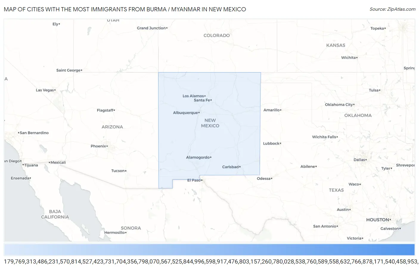 Cities with the Most Immigrants from Burma / Myanmar in New Mexico Map