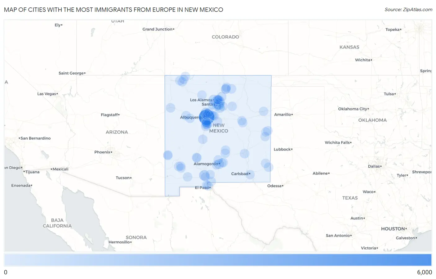 Cities with the Most Immigrants from Europe in New Mexico Map