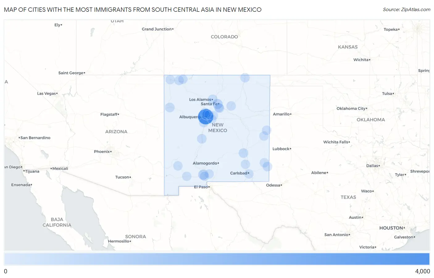 Cities with the Most Immigrants from South Central Asia in New Mexico Map