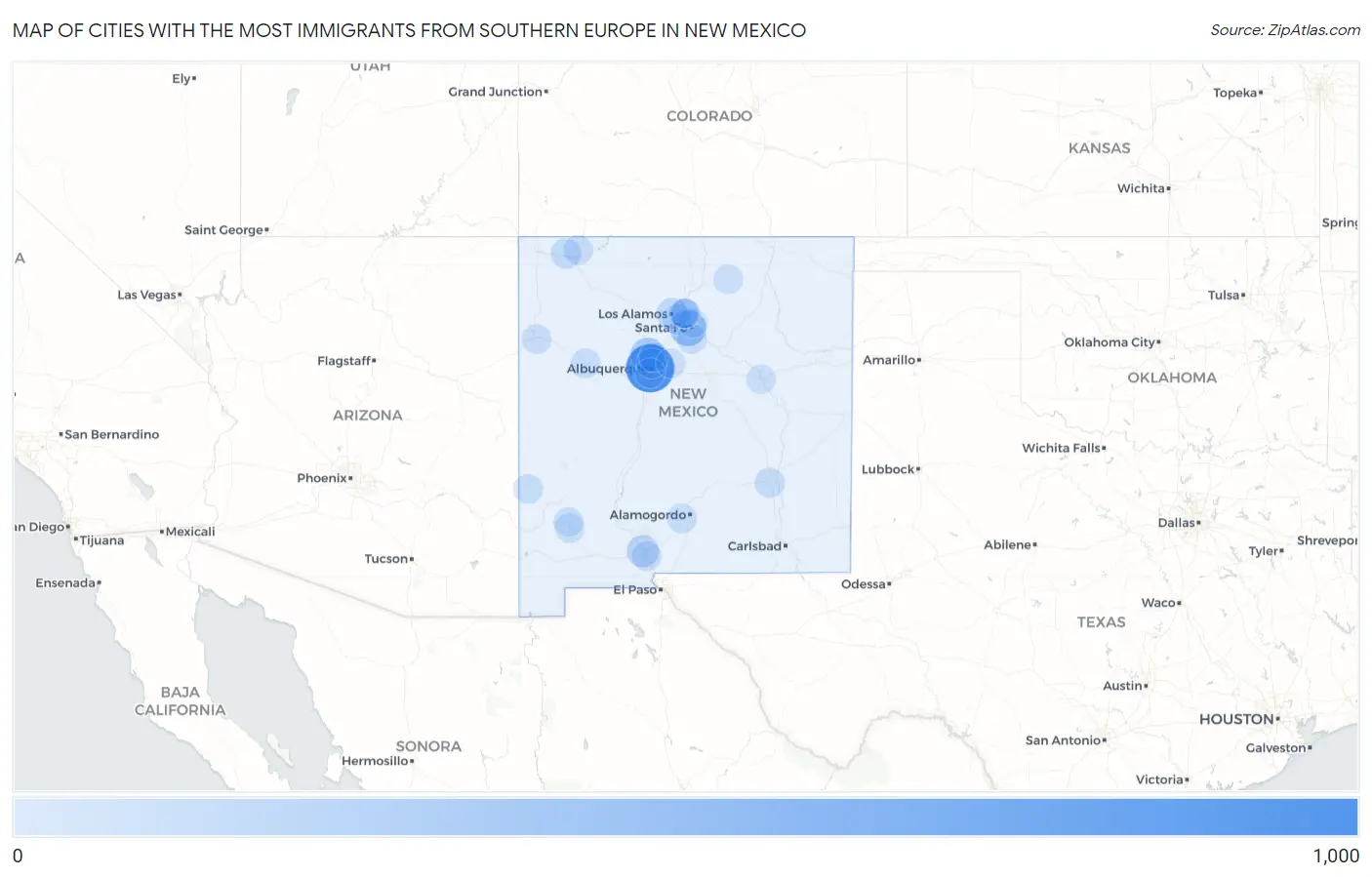 Cities with the Most Immigrants from Southern Europe in New Mexico Map