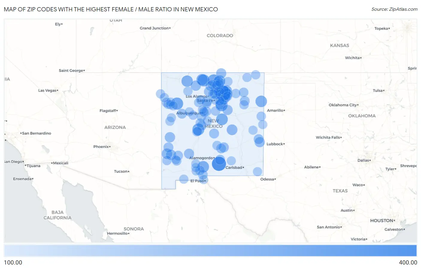 Zip Codes with the Highest Female / Male Ratio in New Mexico Map