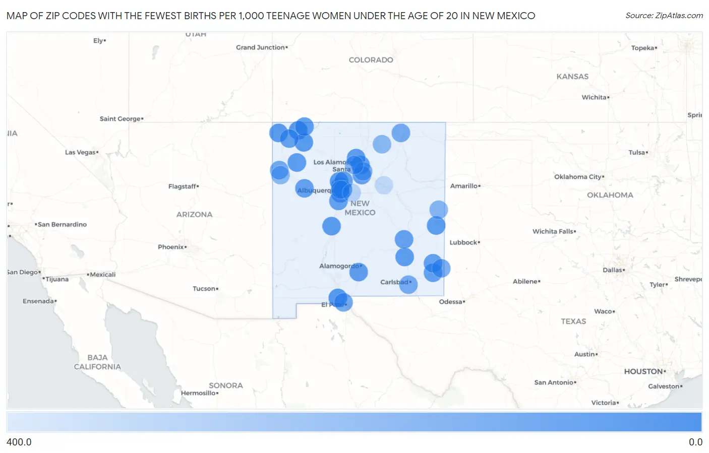 Zip Codes with the Fewest Births per 1,000 Teenage Women Under the Age of 20 in New Mexico Map