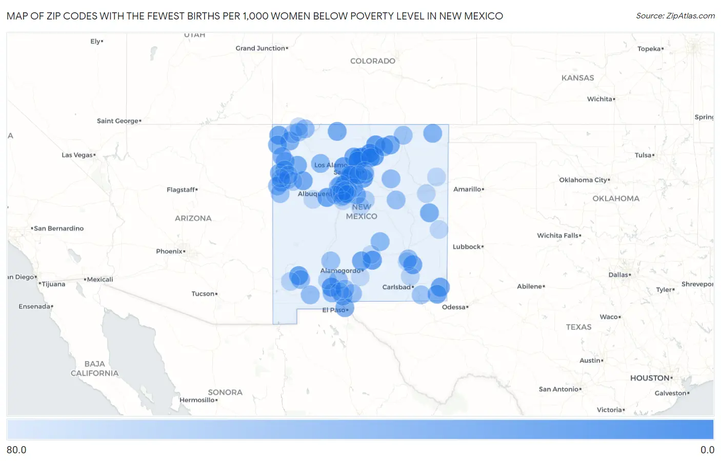 Zip Codes with the Fewest Births per 1,000 Women Below Poverty Level in New Mexico Map