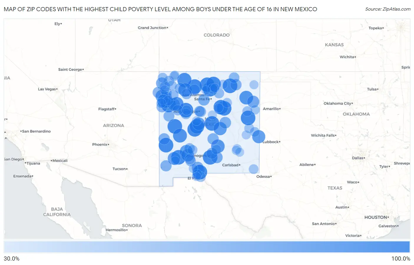 Zip Codes with the Highest Child Poverty Level Among Boys Under the Age of 16 in New Mexico Map