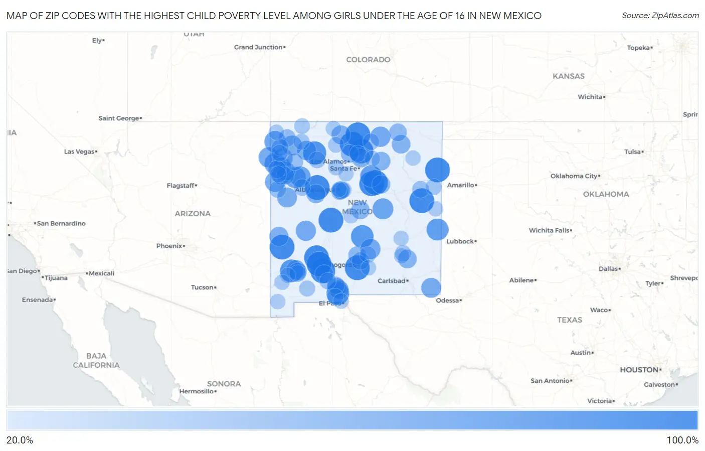 Zip Codes with the Highest Child Poverty Level Among Girls Under the Age of 16 in New Mexico Map