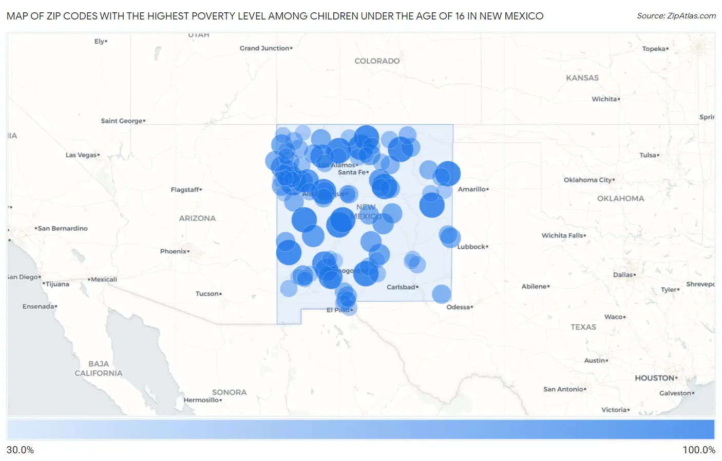 Zip Codes with the Highest Poverty Level Among Children Under the Age of 16 in New Mexico Map