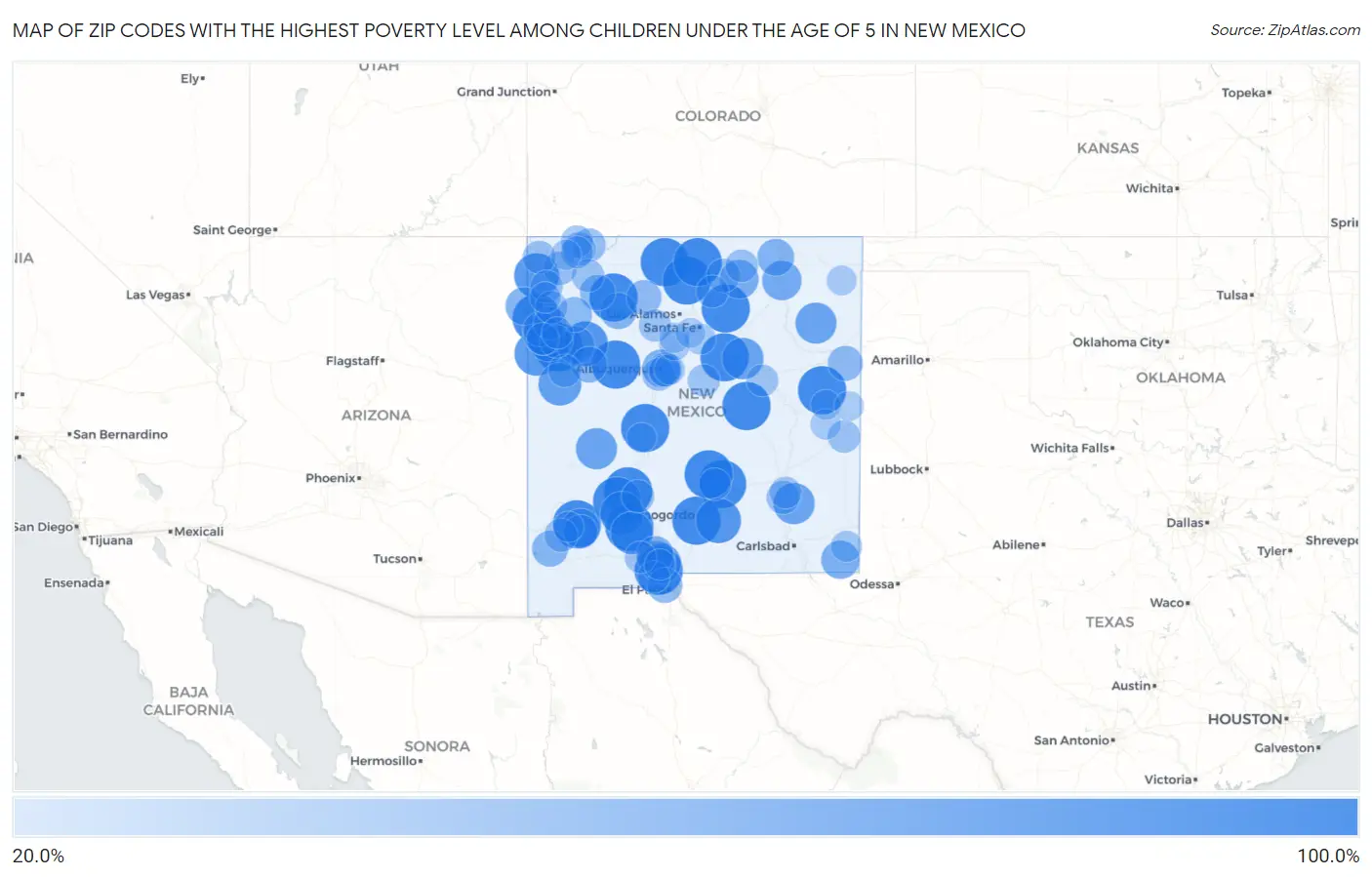 Zip Codes with the Highest Poverty Level Among Children Under the Age of 5 in New Mexico Map