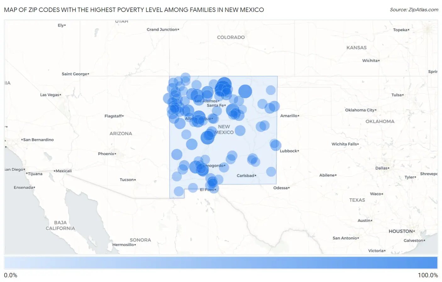 Zip Codes with the Highest Poverty Level Among Families in New Mexico Map