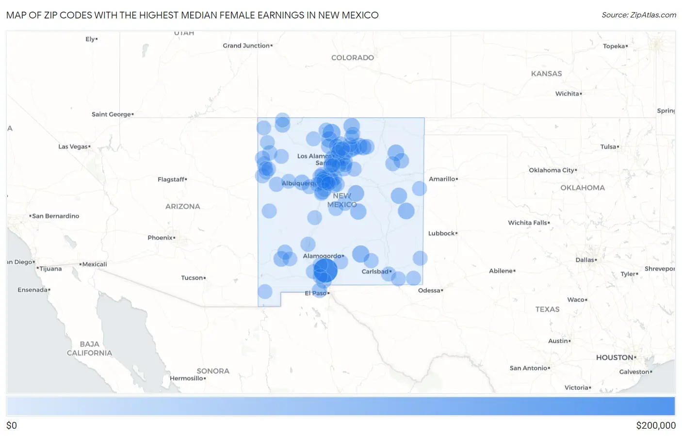 Zip Codes with the Highest Median Female Earnings in New Mexico Map