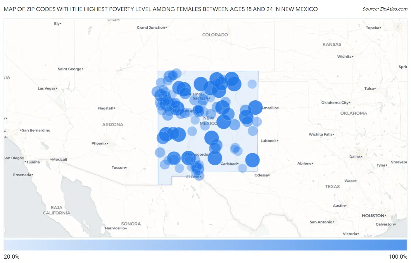 Zip Codes with the Highest Poverty Level Among Females Between Ages 18 and 24 in New Mexico Map