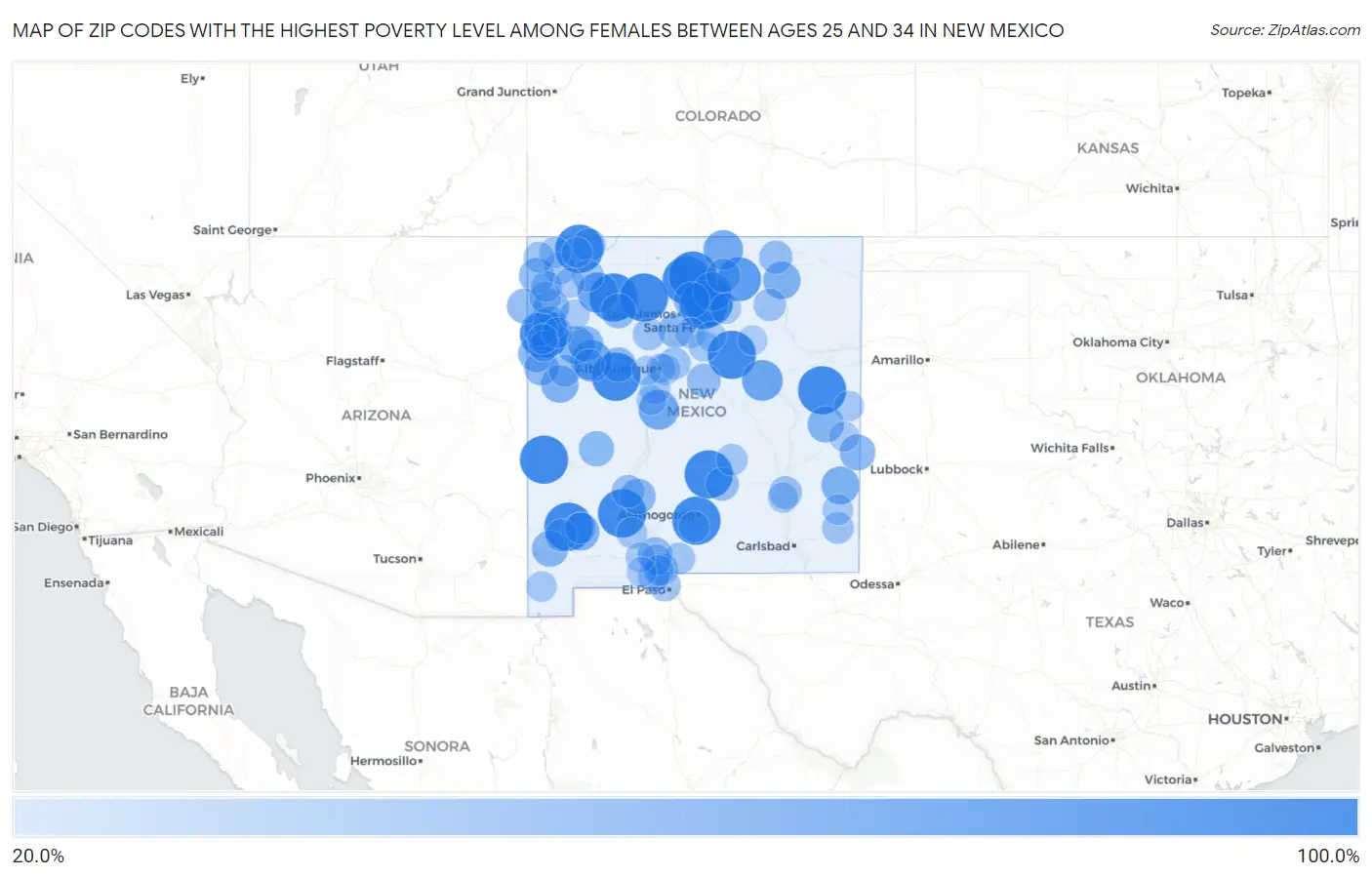 Zip Codes with the Highest Poverty Level Among Females Between Ages 25 and 34 in New Mexico Map
