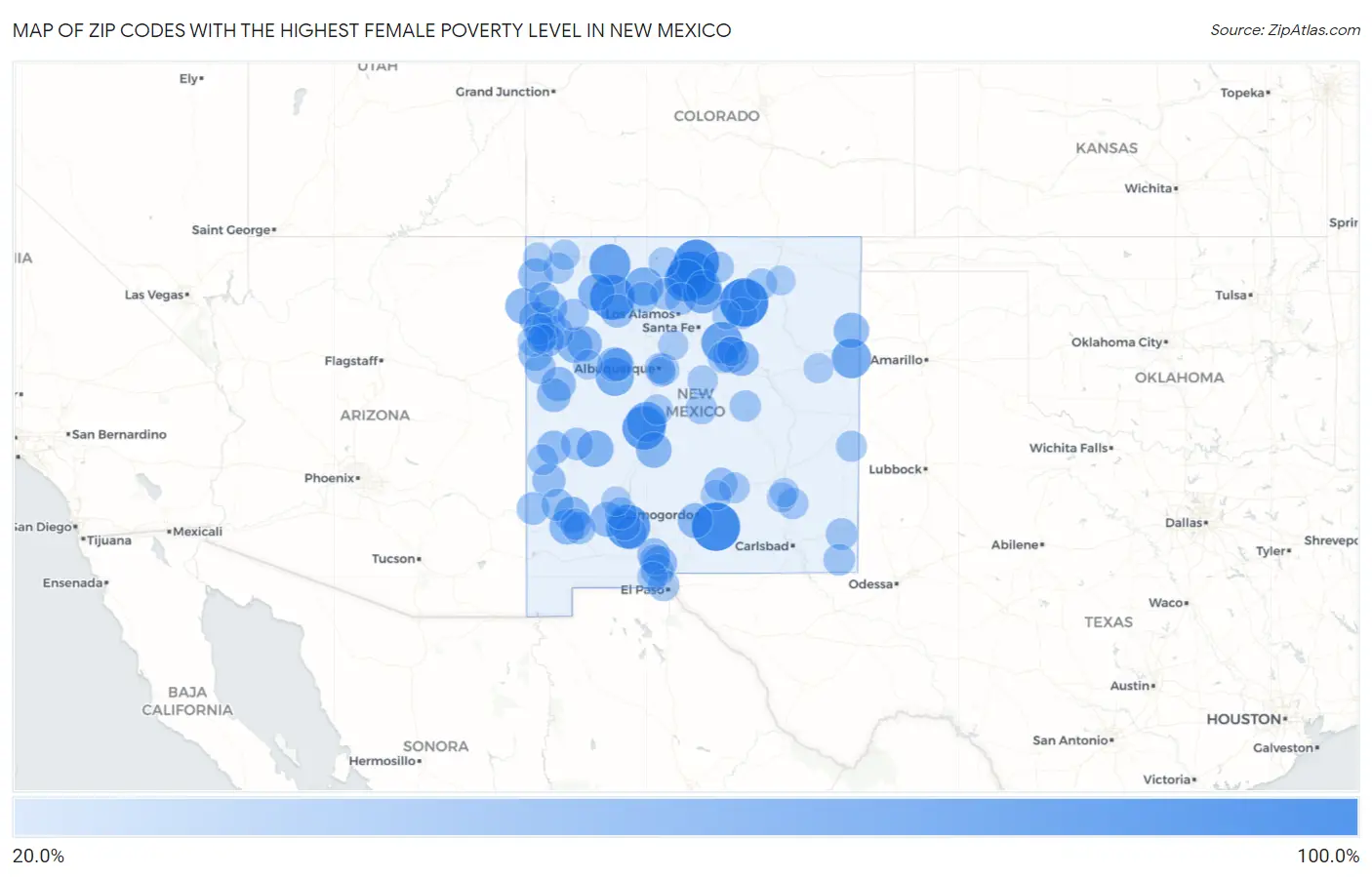 Zip Codes with the Highest Female Poverty Level in New Mexico Map