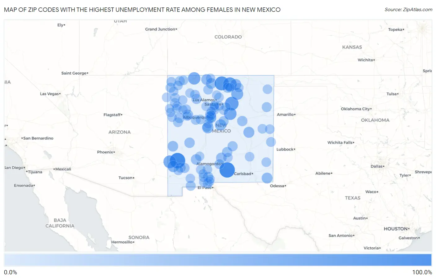 Zip Codes with the Highest Unemployment Rate Among Females in New Mexico Map