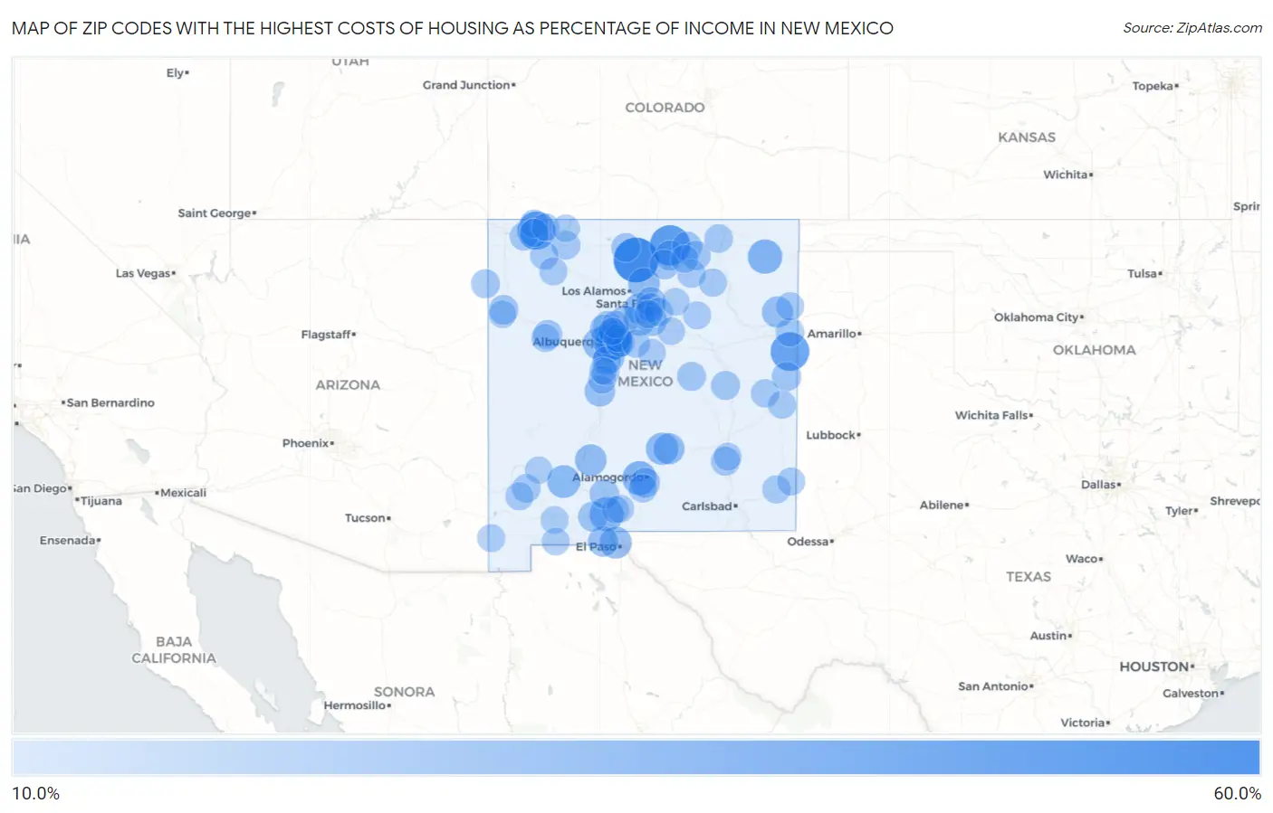 Zip Codes with the Highest Costs of Housing as Percentage of Income in New Mexico Map