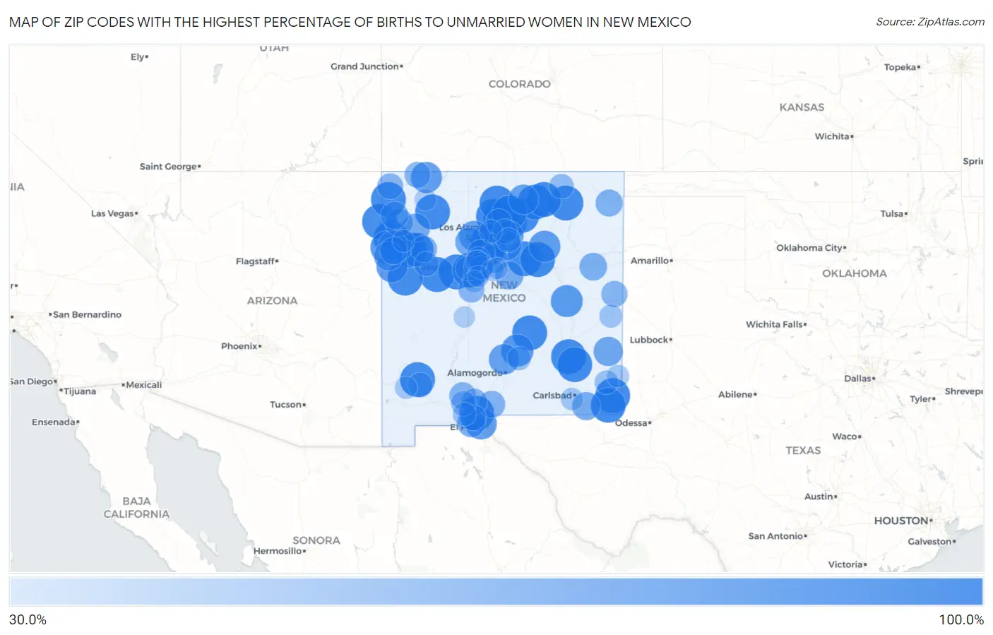 Zip Codes with the Highest Percentage of Births to Unmarried Women in New Mexico Map