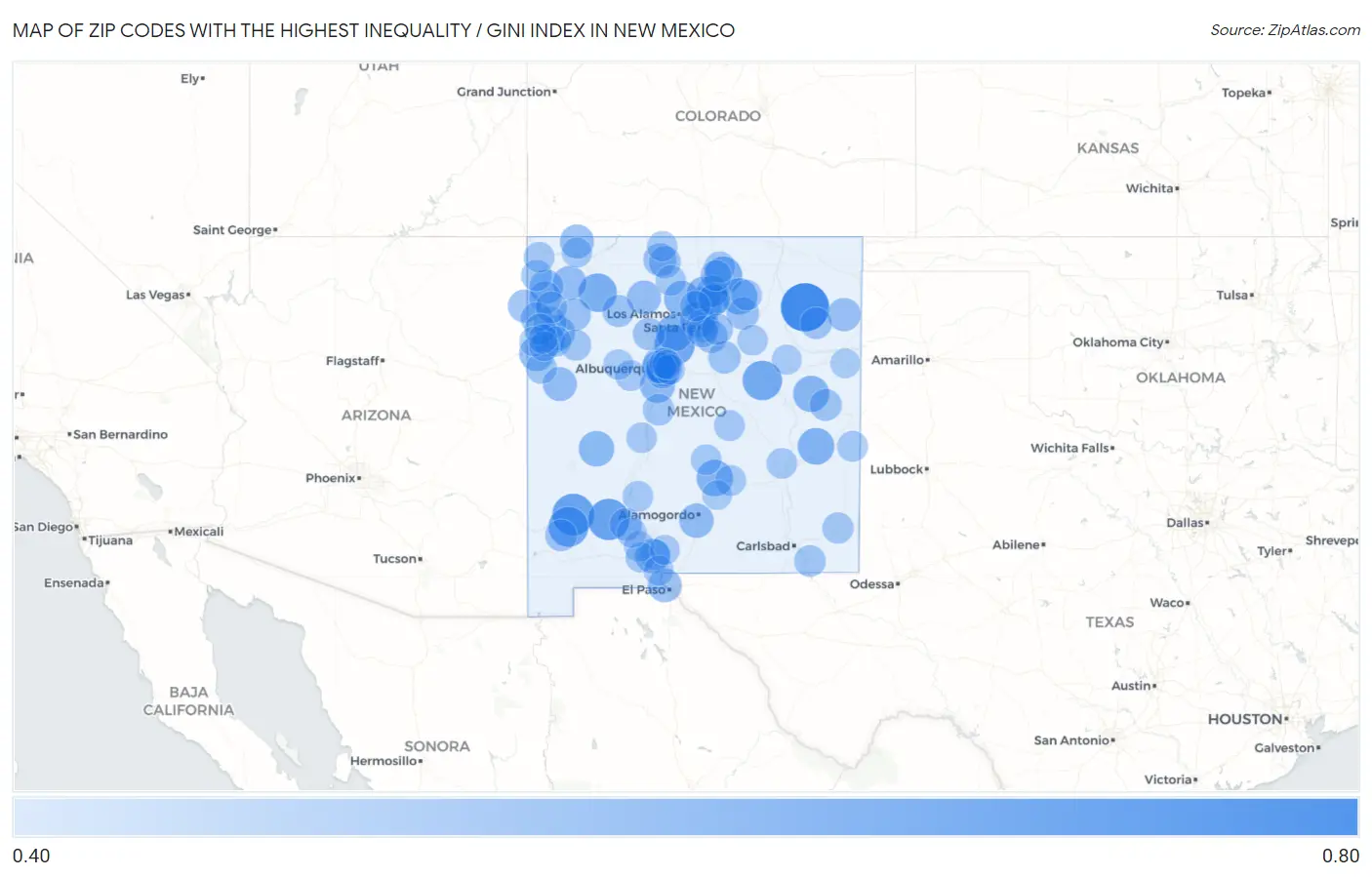 Zip Codes with the Highest Inequality / Gini Index in New Mexico Map