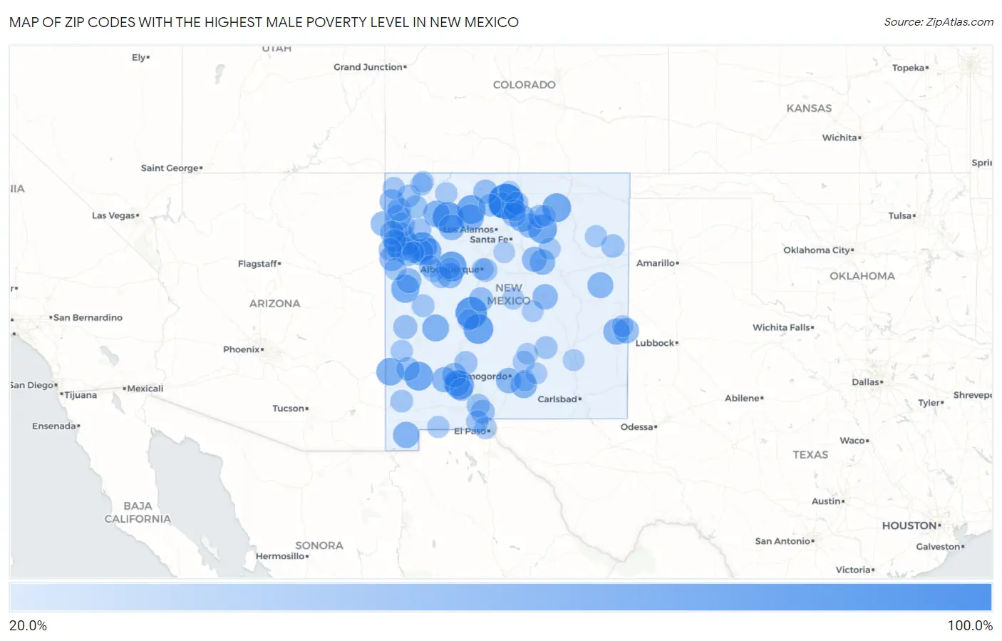 Zip Codes with the Highest Male Poverty Level in New Mexico Map