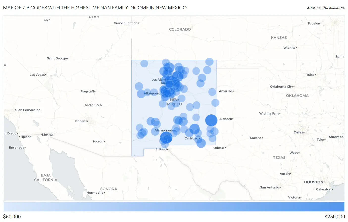 Zip Codes with the Highest Median Family Income in New Mexico Map